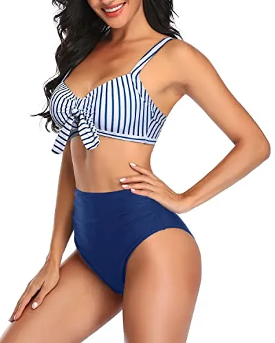 2 Piece Stylish Keyhole Women High Waisted Bikini Set-Blue White Stripe
