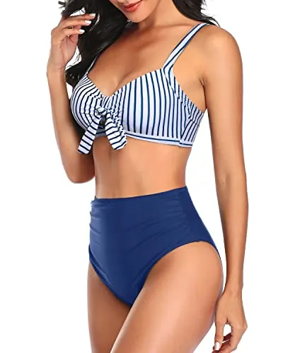 2 Piece Stylish Keyhole Women High Waisted Bikini Set-Blue White Stripe