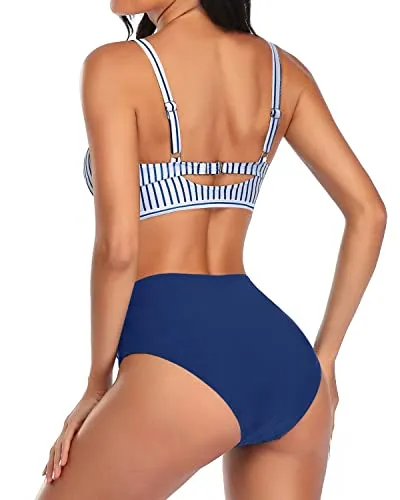 2 Piece Stylish Keyhole Women High Waisted Bikini Set-Blue White Stripe