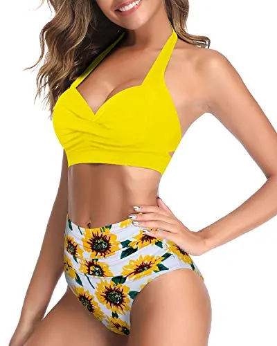 Adjustable Halter Neck Two Piece High Waist Swimsuit-Yellow And Sunflower