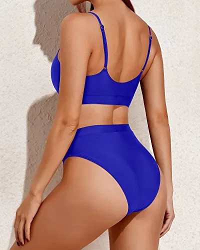 Adjustable Spaghetti Straps High Waisted Bikini Sporty Scoop Neck Swimsuits-Royal Blue