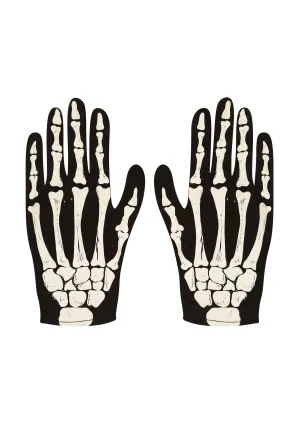 Adults Skeleton Gloves Bone Print Spooky Halloween Unisex Fancy Dress Party Black Gloves
