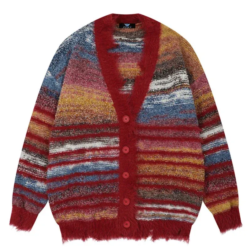 Aidase Winter Irregular Knitted Sweaters Man Loose Stripe Cardigan Color Block  Oversized Sweater Woman Y2K Harajuku Knit Coats Tops