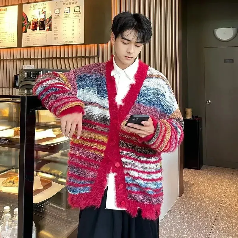 Aidase Winter Irregular Knitted Sweaters Man Loose Stripe Cardigan Color Block  Oversized Sweater Woman Y2K Harajuku Knit Coats Tops