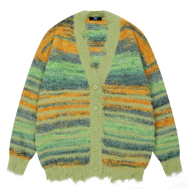 Aidase Winter Irregular Knitted Sweaters Man Loose Stripe Cardigan Color Block  Oversized Sweater Woman Y2K Harajuku Knit Coats Tops