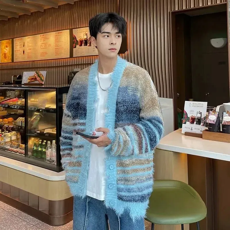 Aidase Winter Irregular Knitted Sweaters Man Loose Stripe Cardigan Color Block  Oversized Sweater Woman Y2K Harajuku Knit Coats Tops