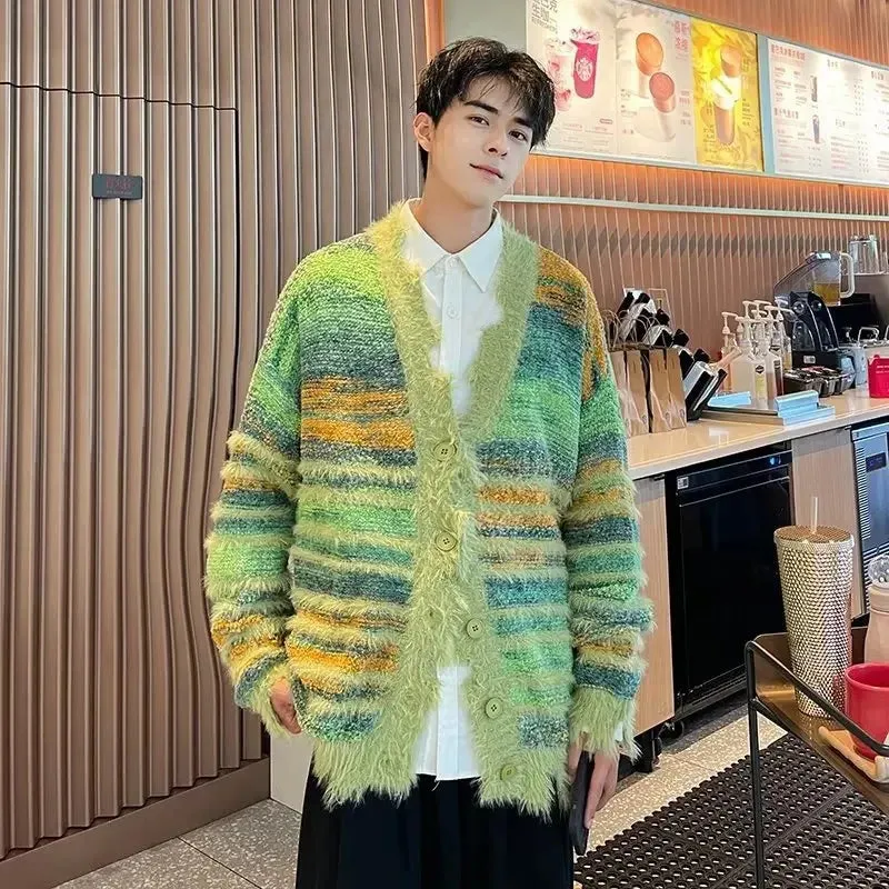 Aidase Winter Irregular Knitted Sweaters Man Loose Stripe Cardigan Color Block  Oversized Sweater Woman Y2K Harajuku Knit Coats Tops