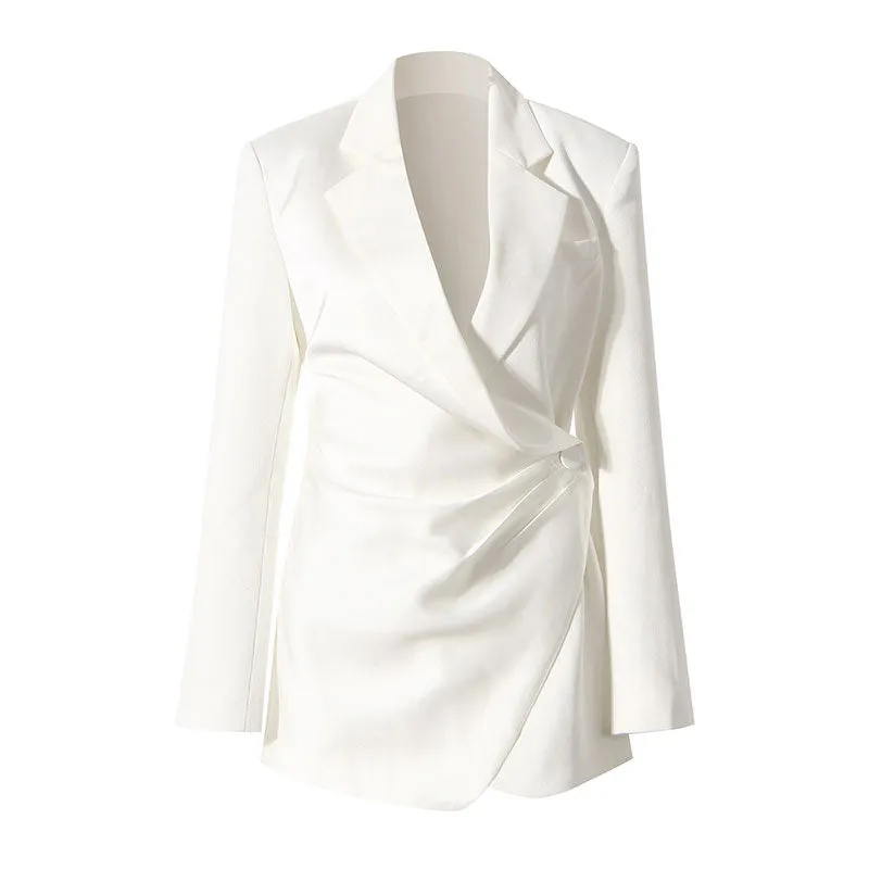 Asymmetric Single Breasted Ruched Side Button Long Sleeve Lapel Collar Blazer