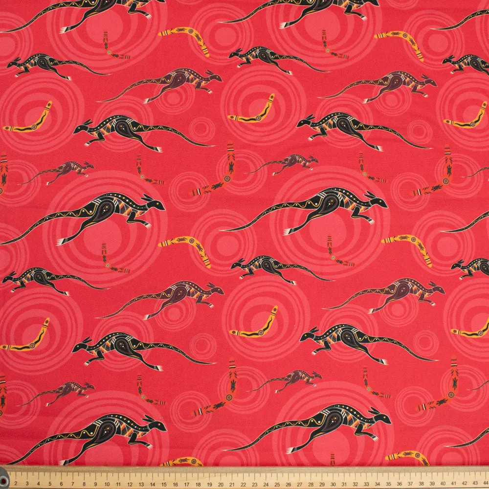 Australiana/Aboriginal Inspired Cotton Prints Design - Kangaroo & Boomerang on Red