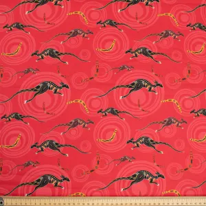 Australiana/Aboriginal Inspired Cotton Prints Design - Kangaroo & Boomerang on Red