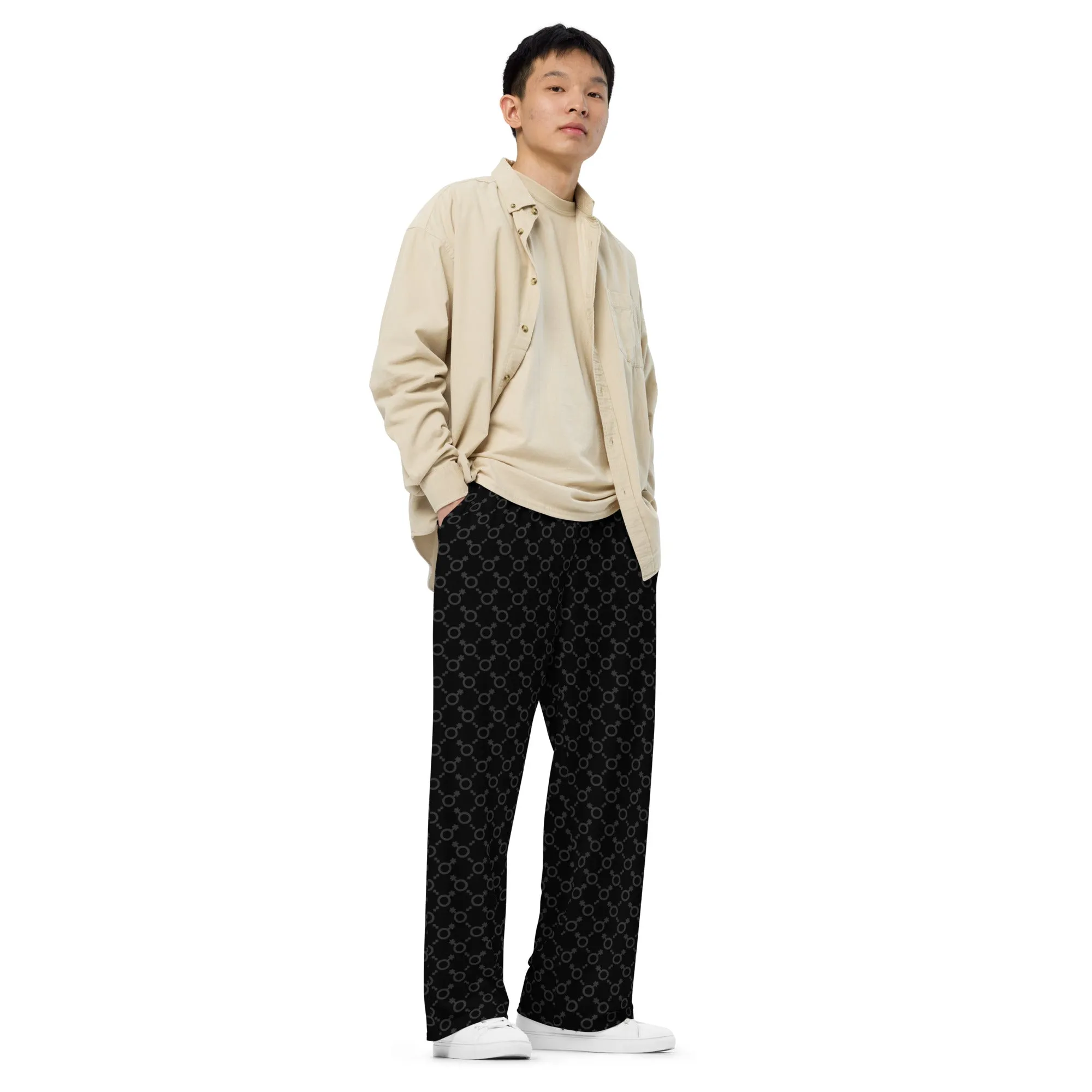 Black/Grey Non-Binary Symbol Wide Leg Pants/Trousers
