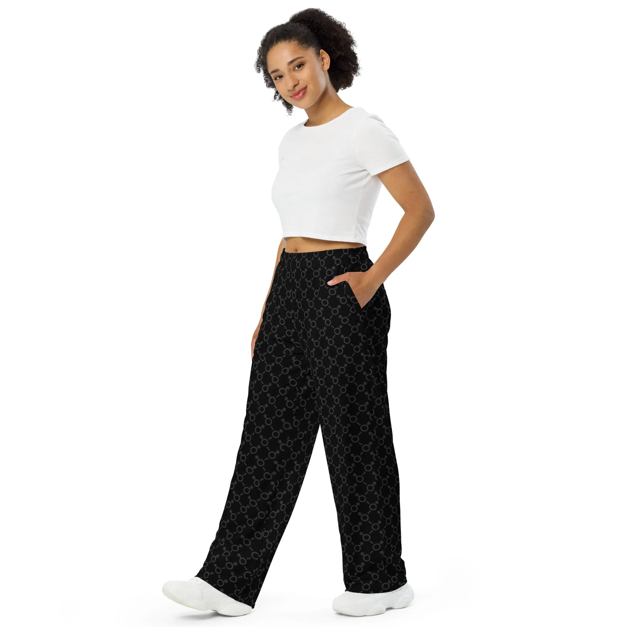 Black/Grey Non-Binary Symbol Wide Leg Pants/Trousers