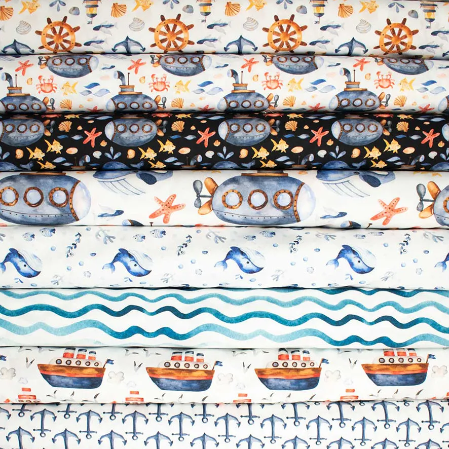 Blue Sea Collection #10 Ship & Seagulls on White Cotton Prints
