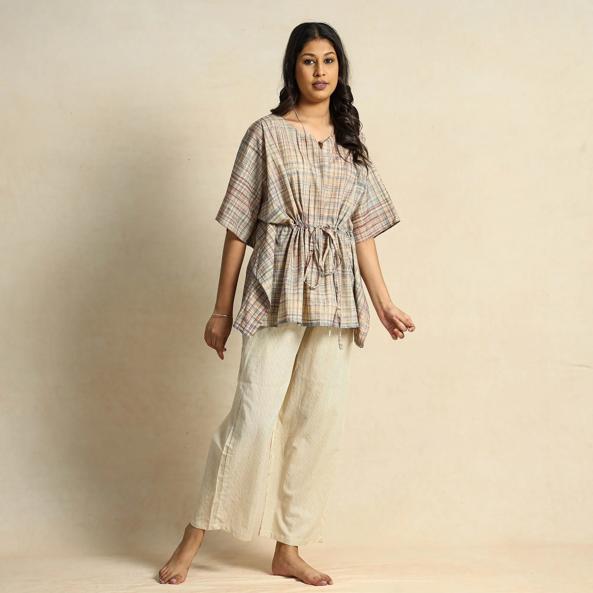 Brown - Hand Block Printed Cotton Kaftan & Pyjama Night Suit Set