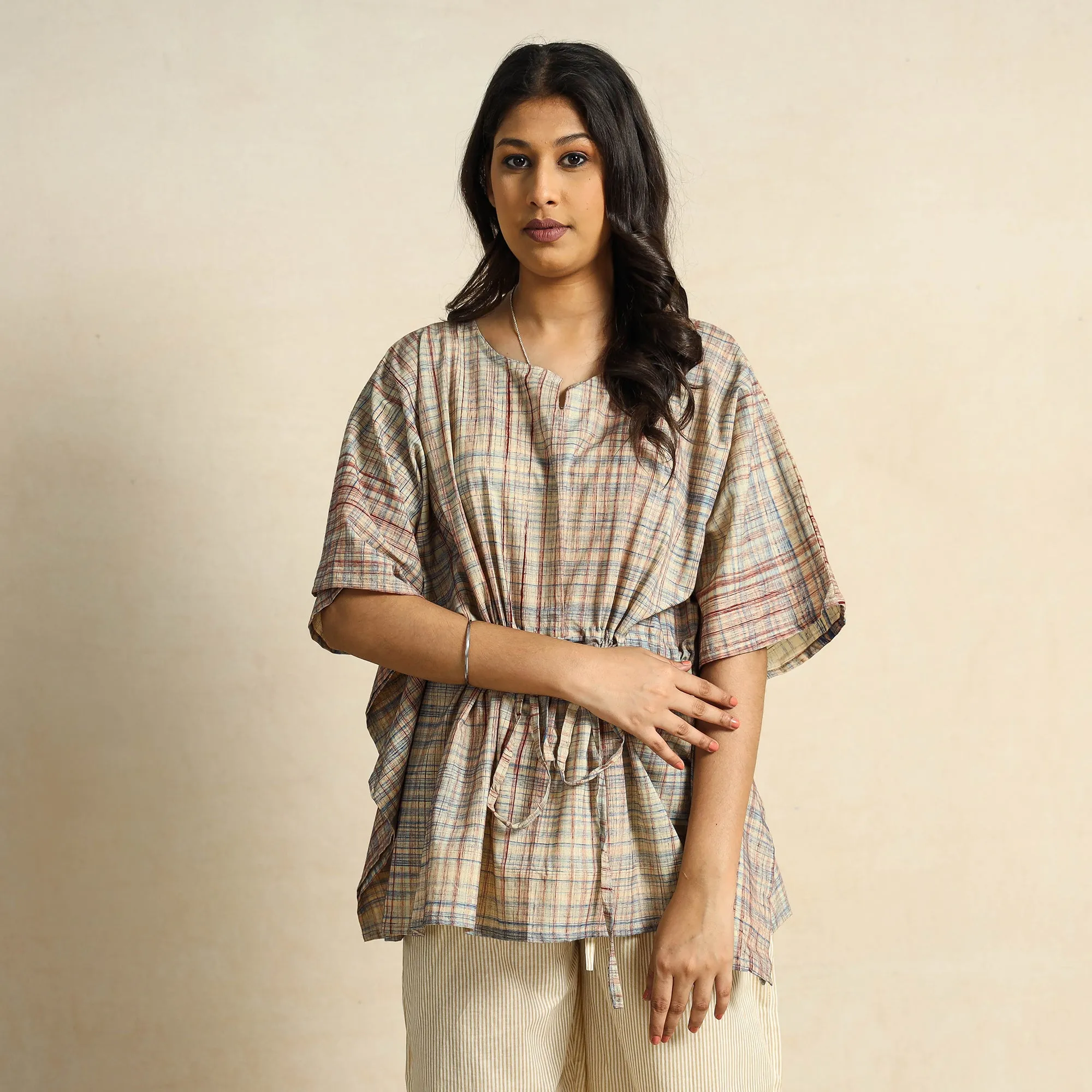 Brown - Hand Block Printed Cotton Kaftan & Pyjama Night Suit Set
