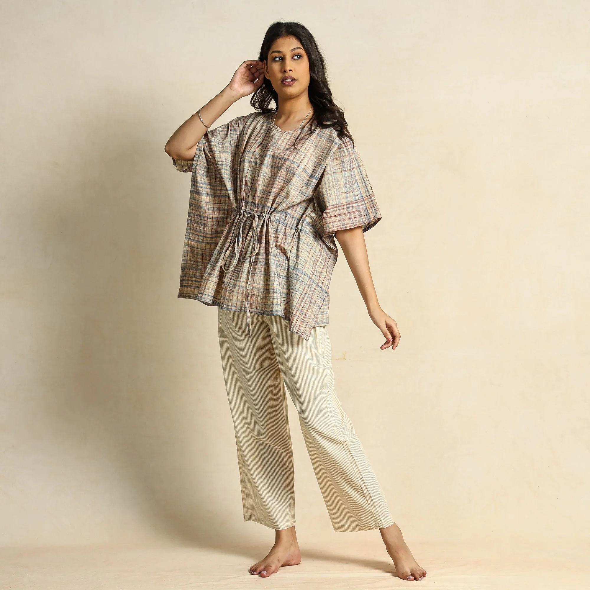 Brown - Hand Block Printed Cotton Kaftan & Pyjama Night Suit Set