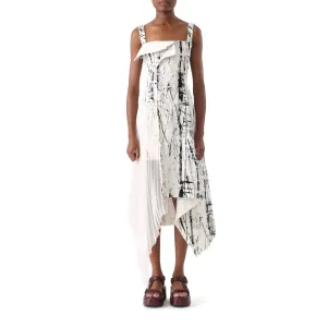 BRUSHSTROKE FRAY JACQUARD ASYMETRICAL DRESS WITH PLEATED SKIRT