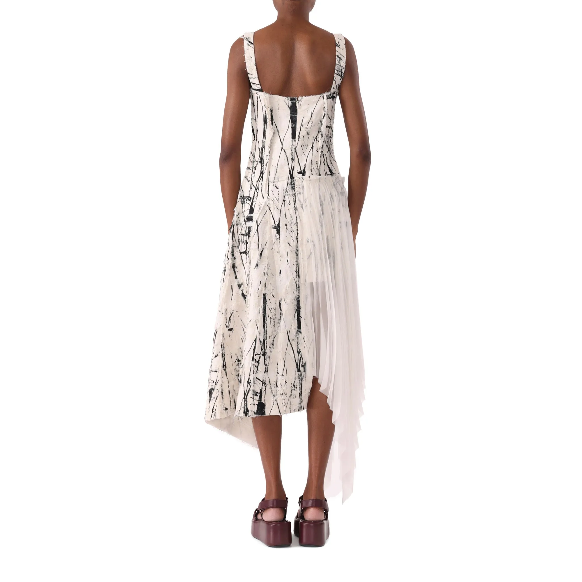BRUSHSTROKE FRAY JACQUARD ASYMETRICAL DRESS WITH PLEATED SKIRT