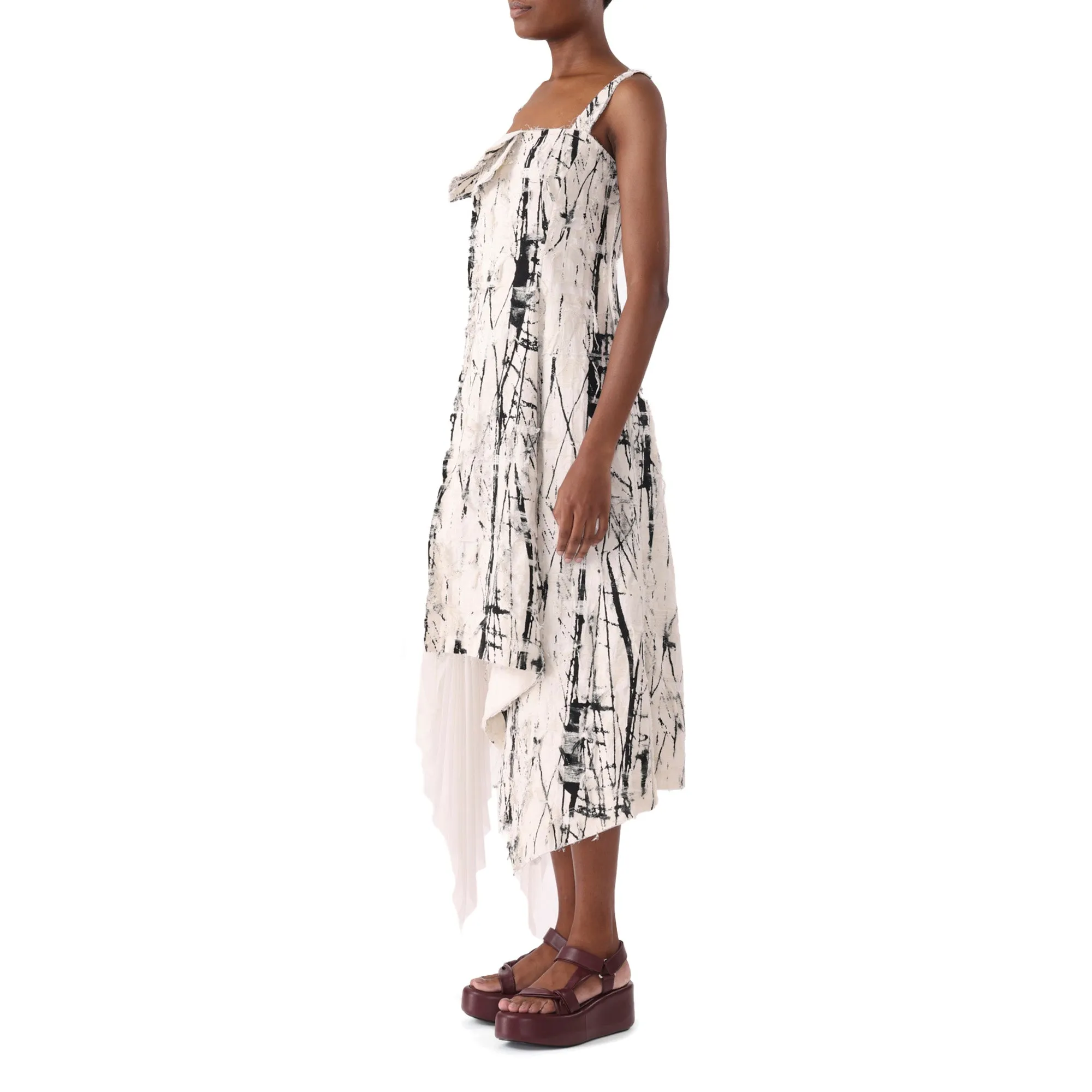 BRUSHSTROKE FRAY JACQUARD ASYMETRICAL DRESS WITH PLEATED SKIRT