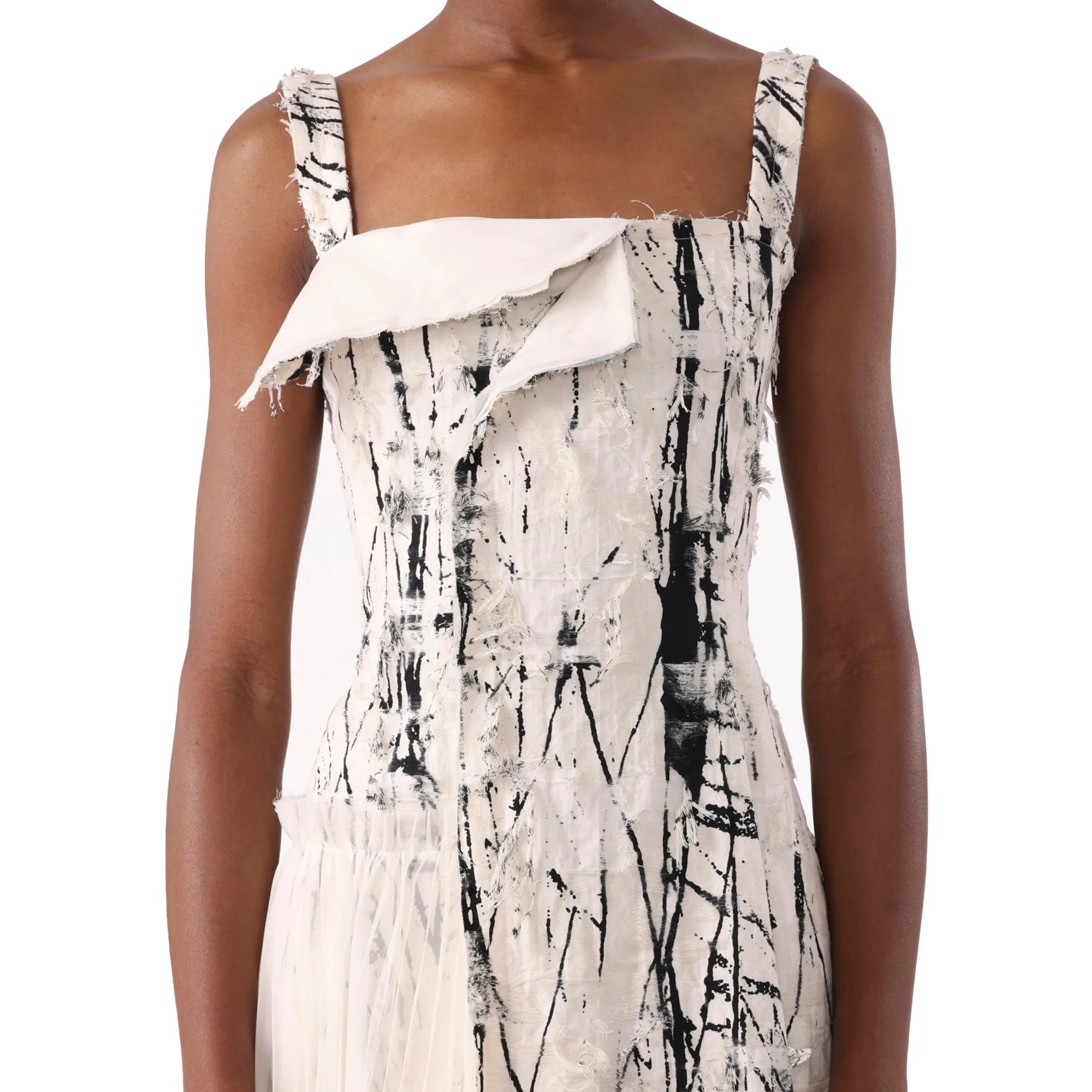 BRUSHSTROKE FRAY JACQUARD ASYMETRICAL DRESS WITH PLEATED SKIRT