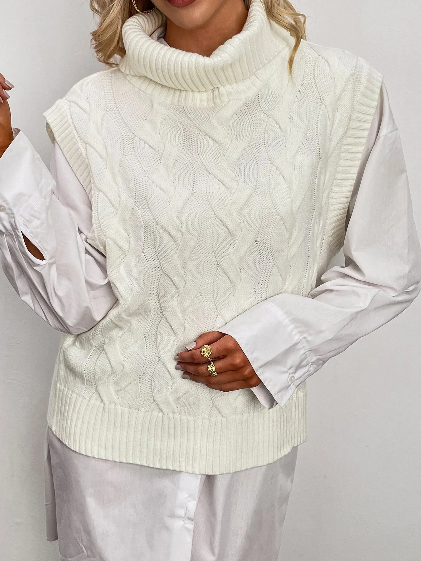 Casual Plain Sleeveless Funnel Neck Regular Women Knit Top