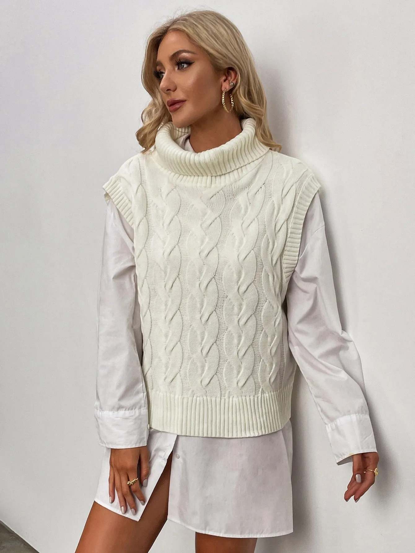 Casual Plain Sleeveless Funnel Neck Regular Women Knit Top