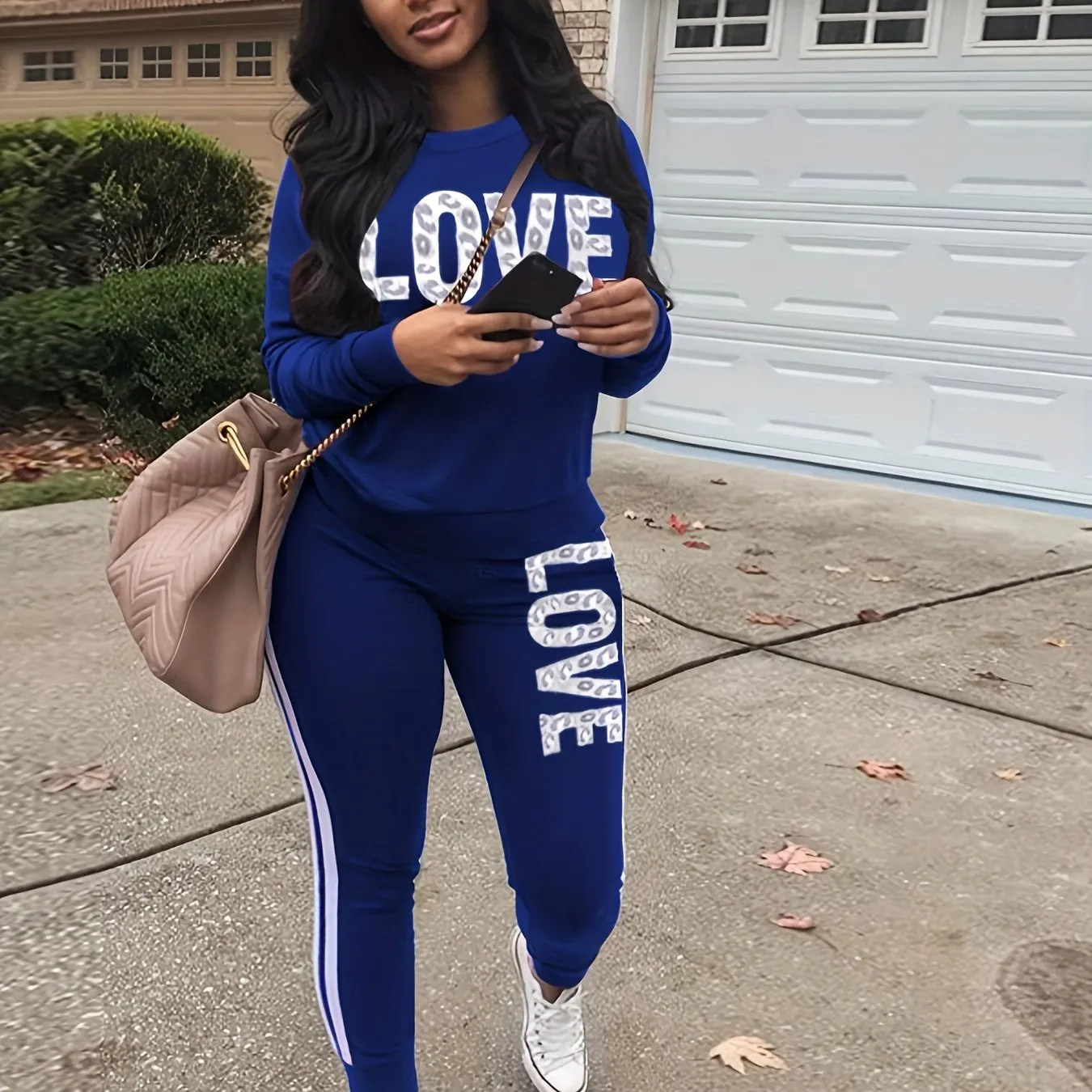 Chic Love Letter Printed Womens Two-piece Set - Comfy Long Sleeve Top & Stylish Pants for Fall & Winter