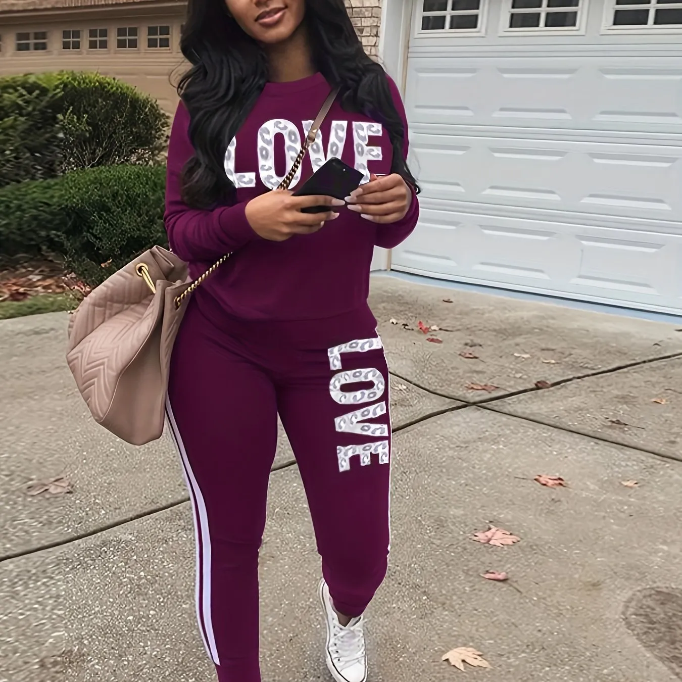 Chic Love Letter Printed Womens Two-piece Set - Comfy Long Sleeve Top & Stylish Pants for Fall & Winter