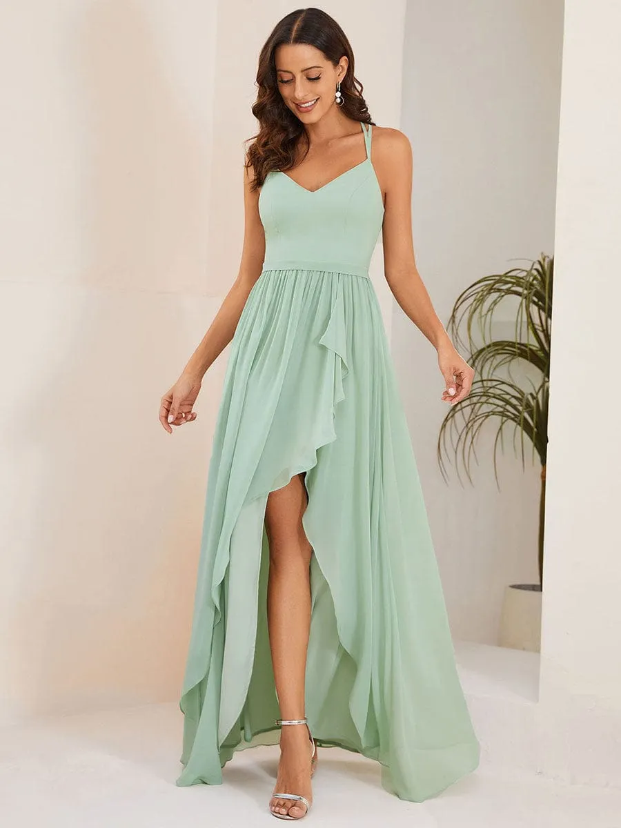 Chiffon Sweetheart Spaghetti Strap Ruffled Front Slit A-Line Bridesmaid Dress