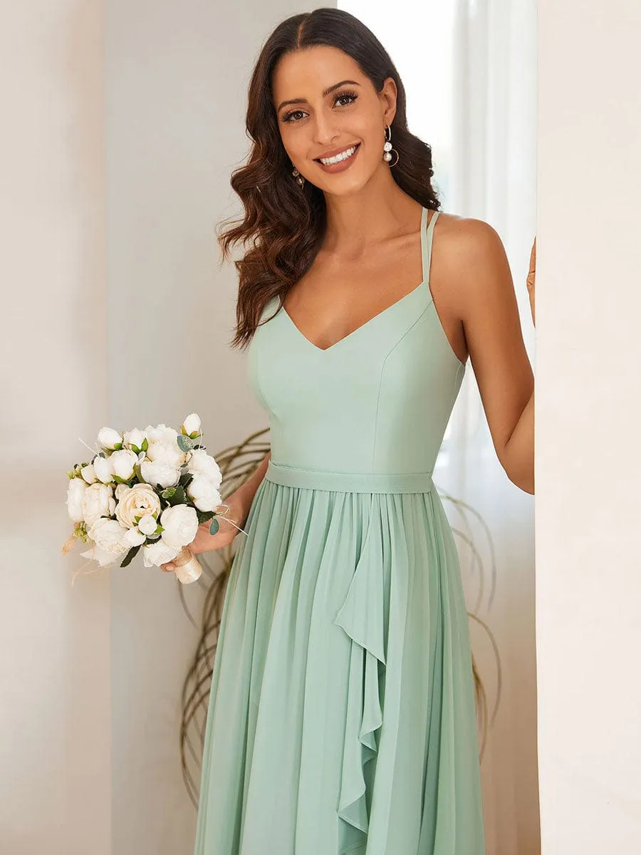 Chiffon Sweetheart Spaghetti Strap Ruffled Front Slit A-Line Bridesmaid Dress