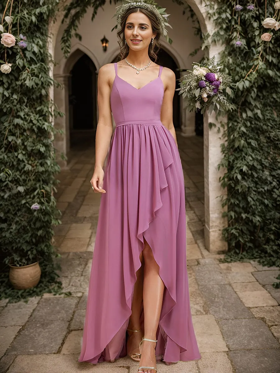 Chiffon Sweetheart Spaghetti Strap Ruffled Front Slit A-Line Bridesmaid Dress