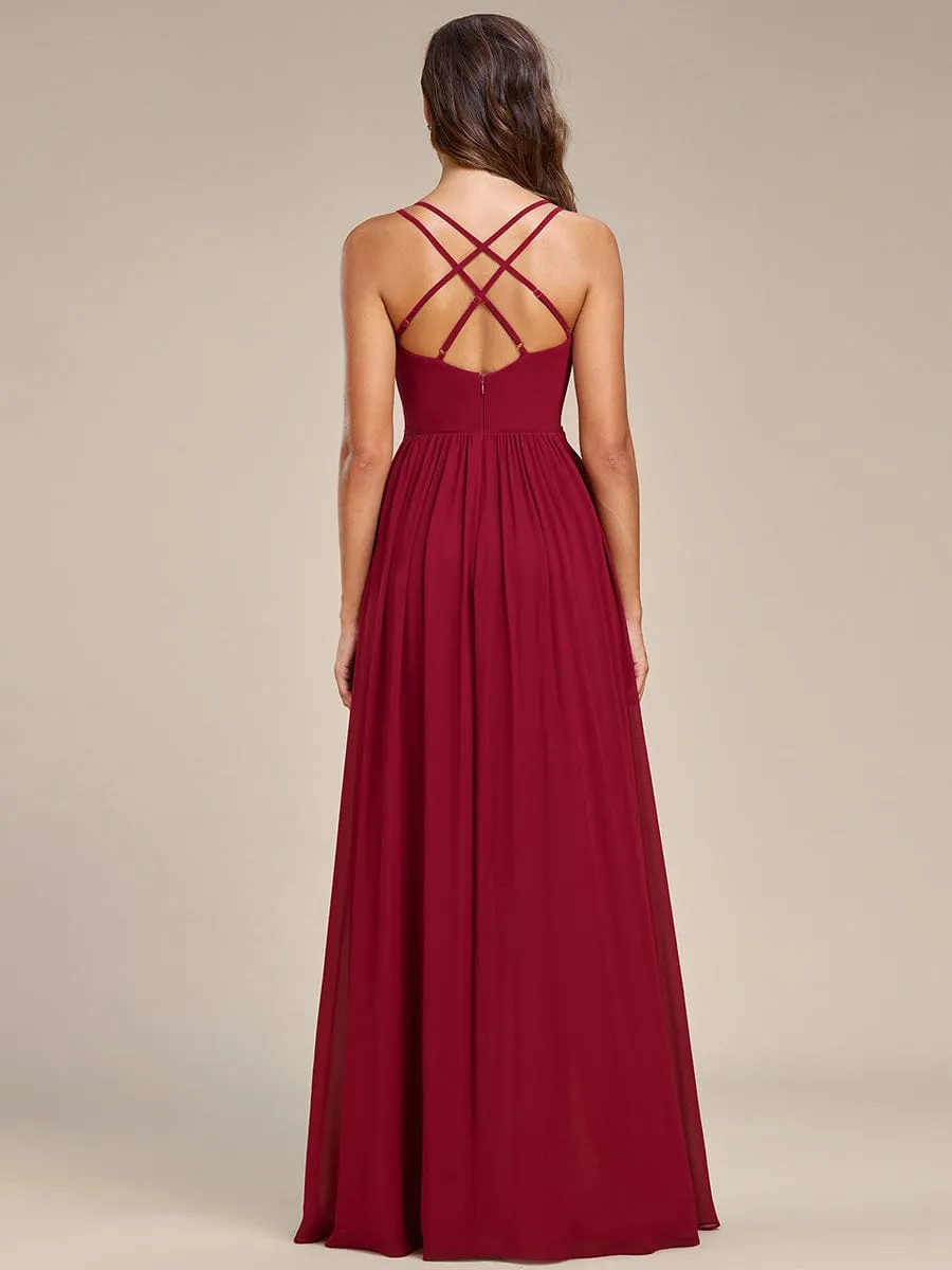 Chiffon Sweetheart Spaghetti Strap Ruffled Front Slit A-Line Bridesmaid Dress