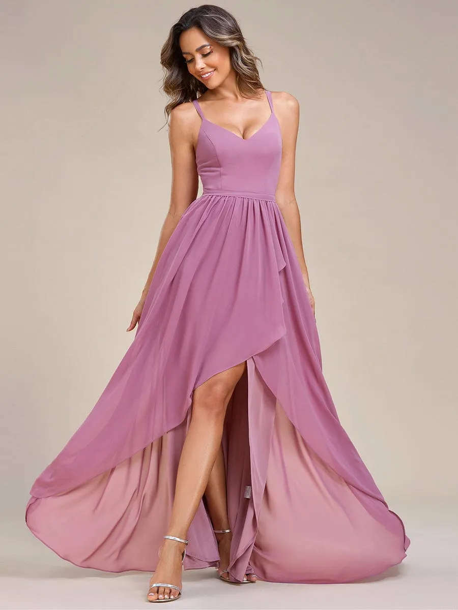 Chiffon Sweetheart Spaghetti Strap Ruffled Front Slit A-Line Bridesmaid Dress