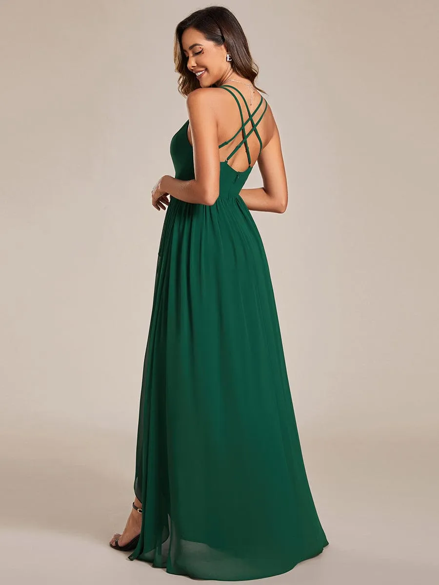 Chiffon Sweetheart Spaghetti Strap Ruffled Front Slit A-Line Bridesmaid Dress
