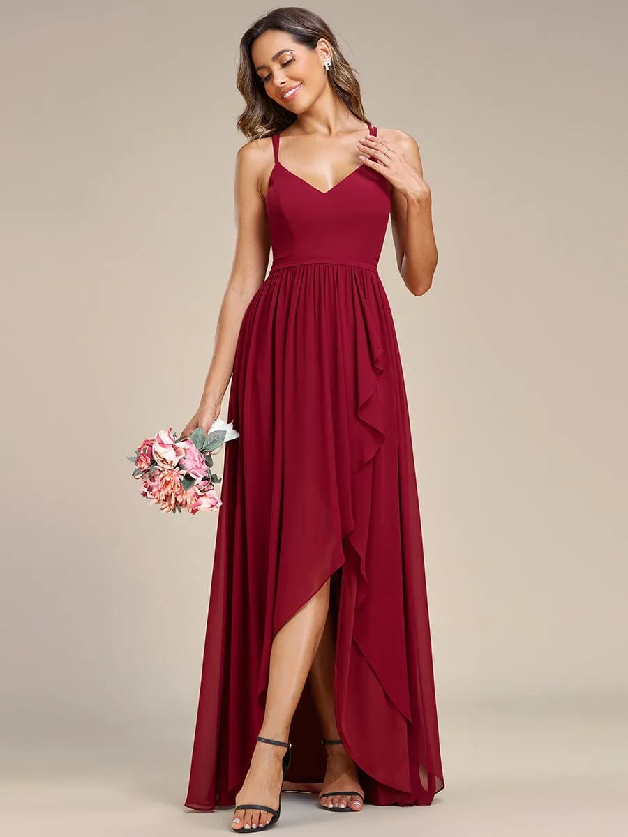 Chiffon Sweetheart Spaghetti Strap Ruffled Front Slit A-Line Bridesmaid Dress