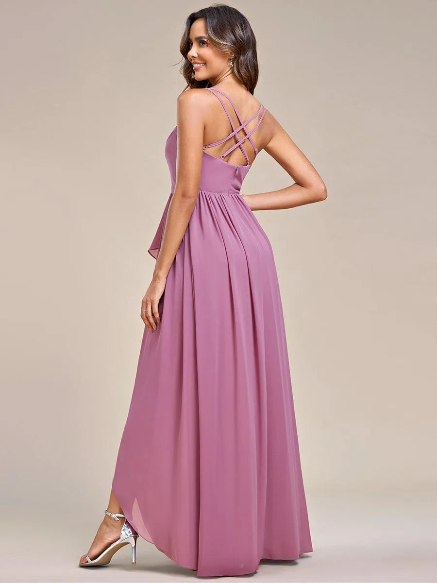 Chiffon Sweetheart Spaghetti Strap Ruffled Front Slit A-Line Bridesmaid Dress