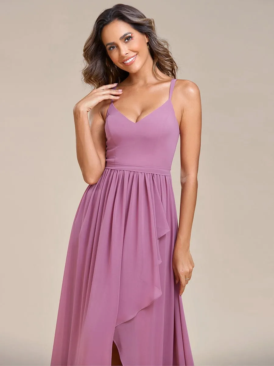 Chiffon Sweetheart Spaghetti Strap Ruffled Front Slit A-Line Bridesmaid Dress
