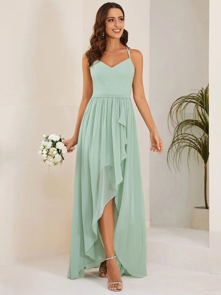Chiffon Sweetheart Spaghetti Strap Ruffled Front Slit A-Line Bridesmaid Dress