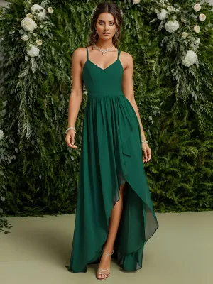 Chiffon Sweetheart Spaghetti Strap Ruffled Front Slit A-Line Bridesmaid Dress