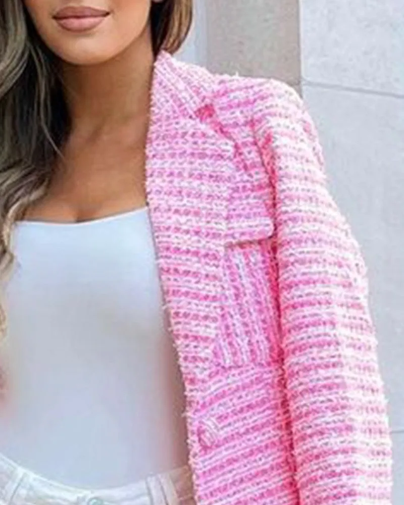 Colorblock Double Button Pocket Tweed Coat