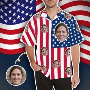 Custom Hawaiian Shirts with Face American Flag Classic Design Personalized Aloha Shirts Birthday Gift