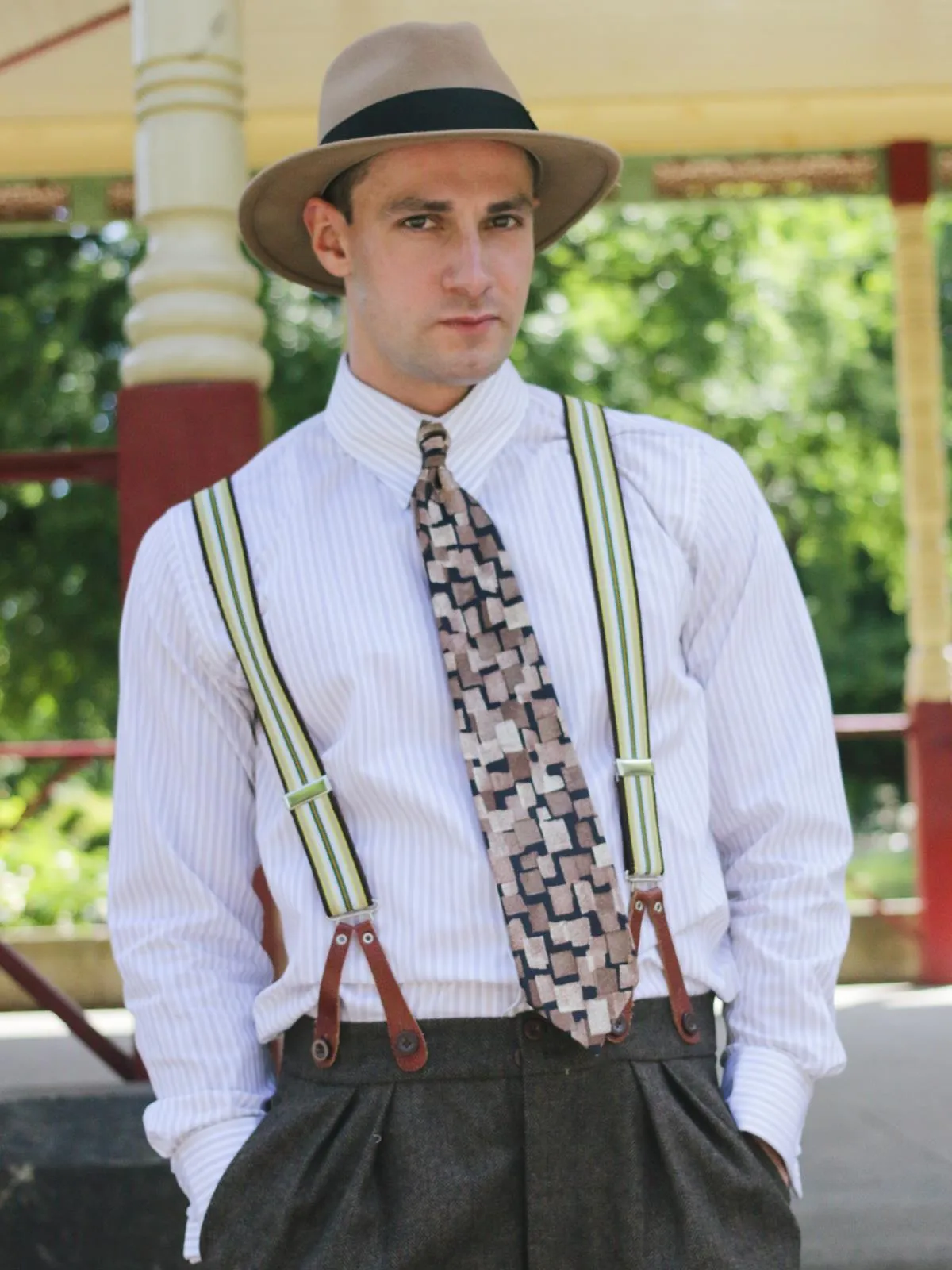Dark Green Stripe Braces with Green Leather Loops