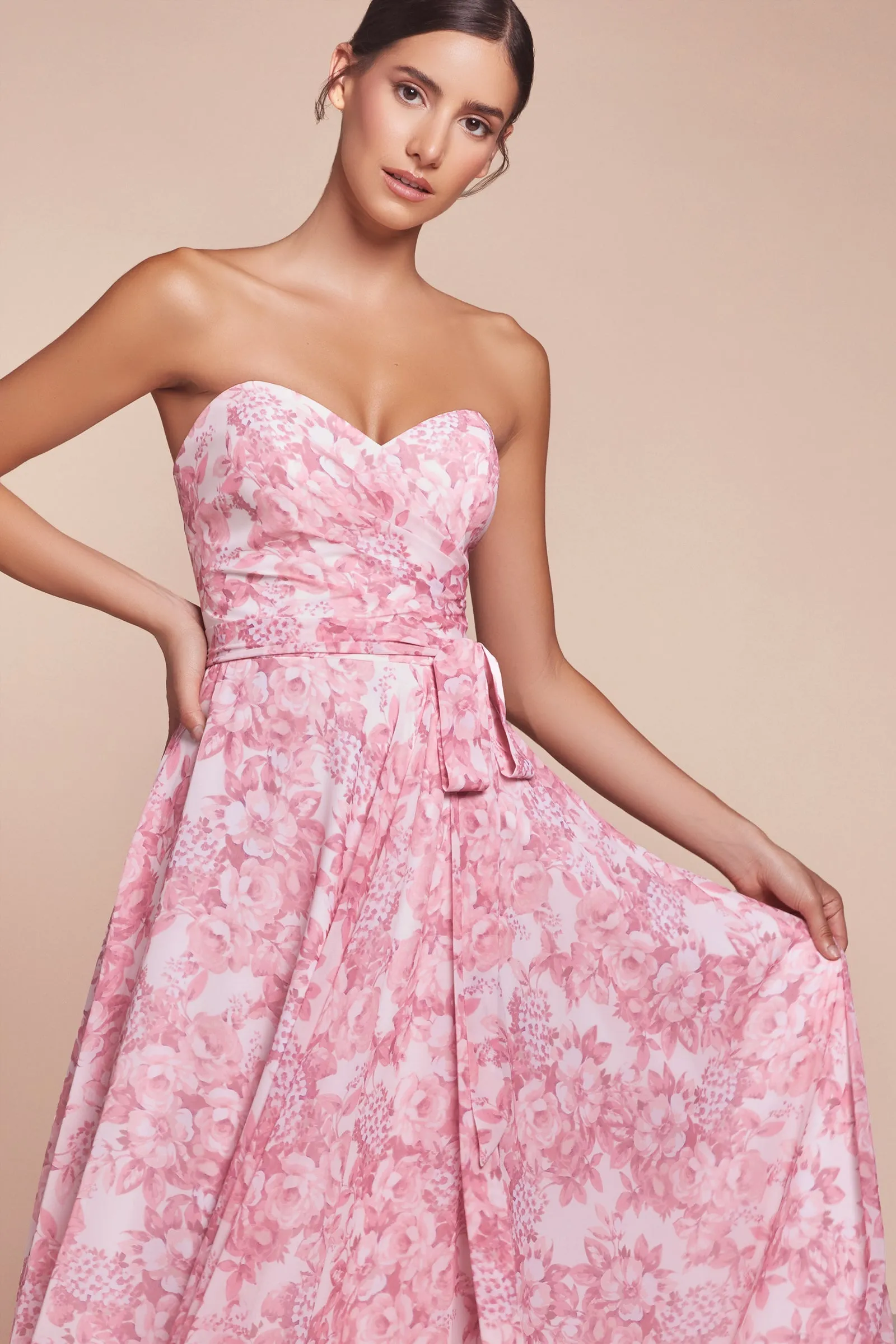 Floral Print Strapless A-line Gown by Ladivine 7443 - Outlet