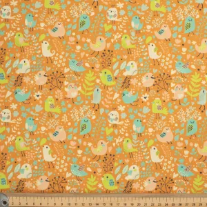 Flowers & Birds Cartoon Collection #03 Multi-Colour Birds on Orange Cotton Prints