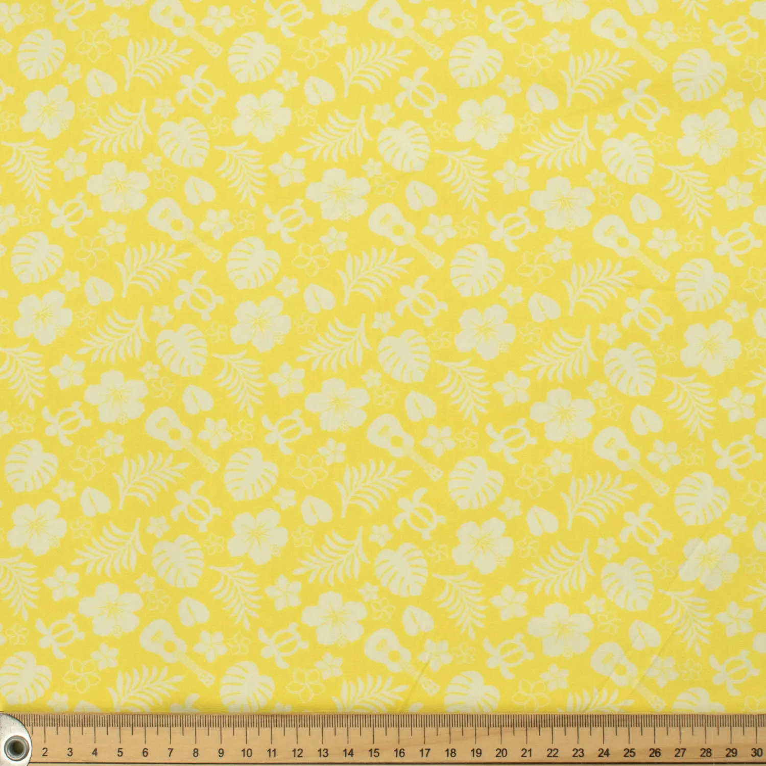 Hawaii Style Collection #11 Flower, Leaves, Sea Turtle & Guitar on Yellow Cotton Prints