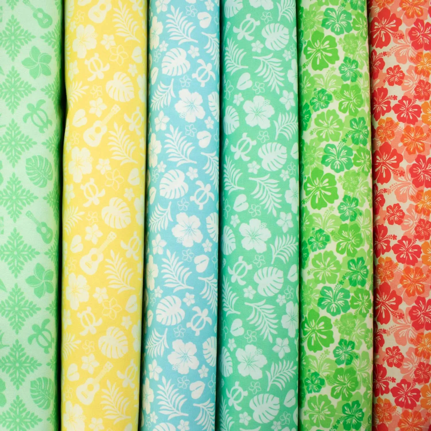 Hawaii Style Collection #11 Flower, Leaves, Sea Turtle & Guitar on Yellow Cotton Prints