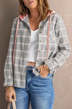 Khaki Plaid Hooded Shirt Coat