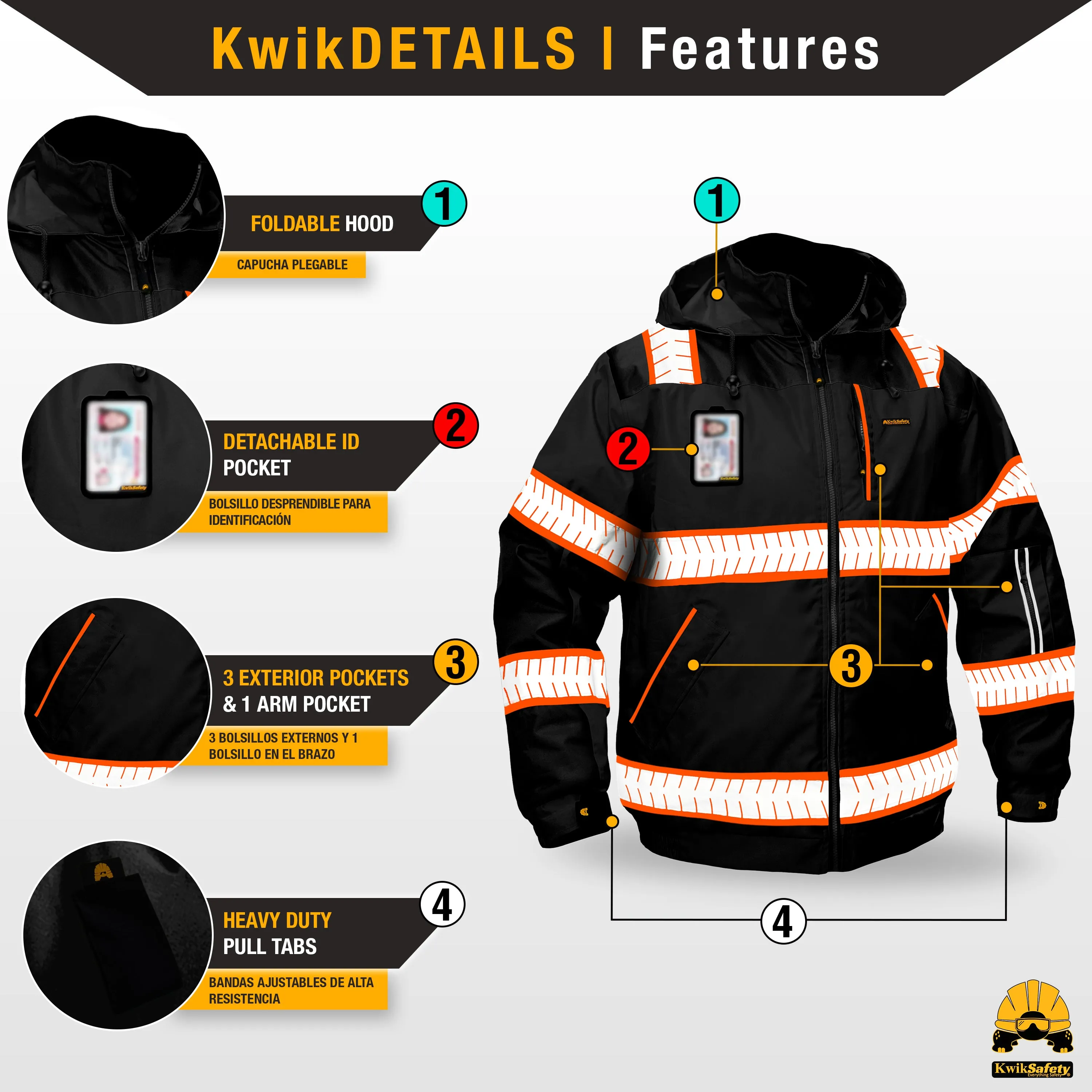 KwikSafety ENFORCER Safety Bomber Jacket (DETACHABLE ID POCKET) Hi Vis Reflective PPE - Model No.: KS5521BLK