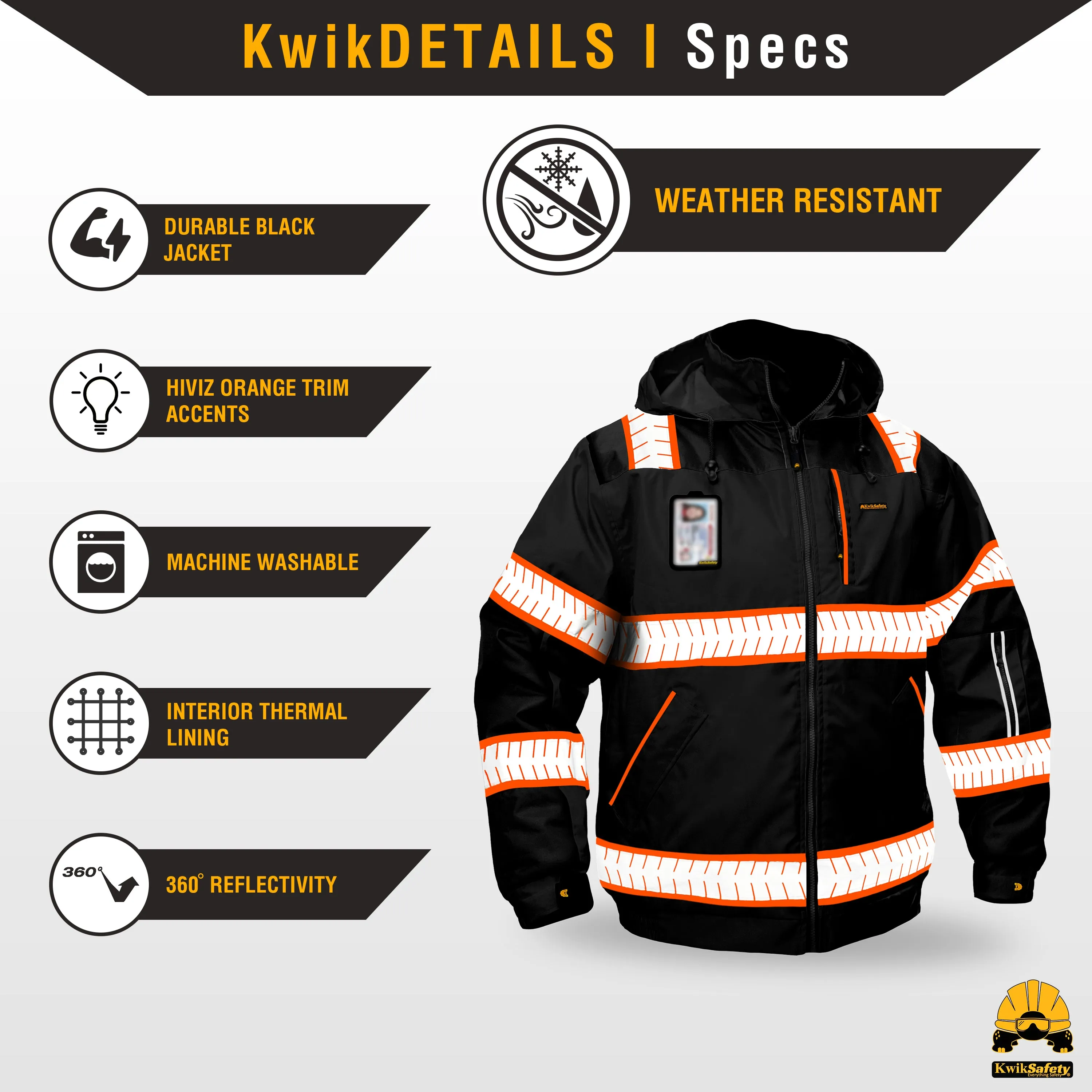 KwikSafety ENFORCER Safety Bomber Jacket (DETACHABLE ID POCKET) Hi Vis Reflective PPE - Model No.: KS5521BLK