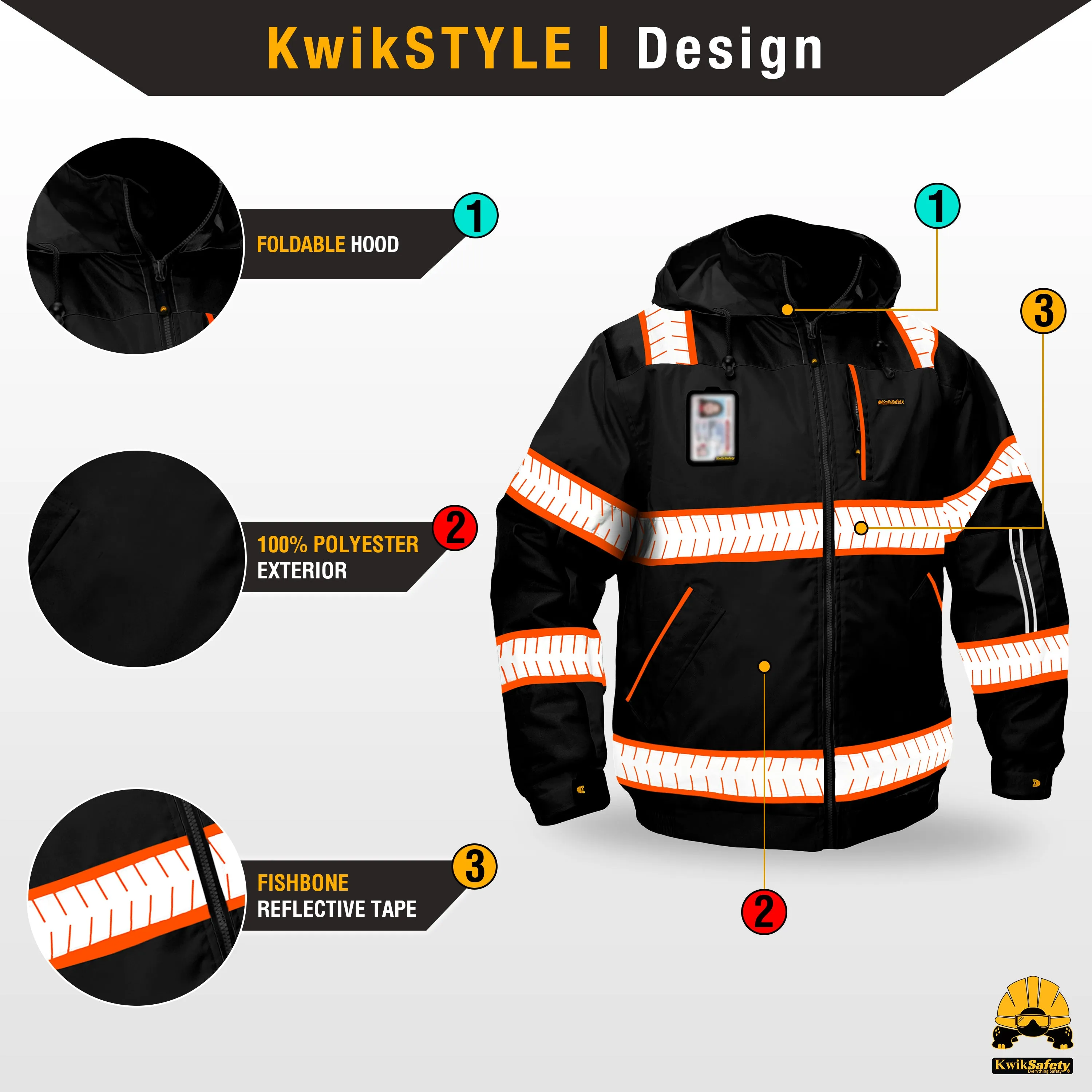 KwikSafety ENFORCER Safety Bomber Jacket (DETACHABLE ID POCKET) Hi Vis Reflective PPE - Model No.: KS5521BLK